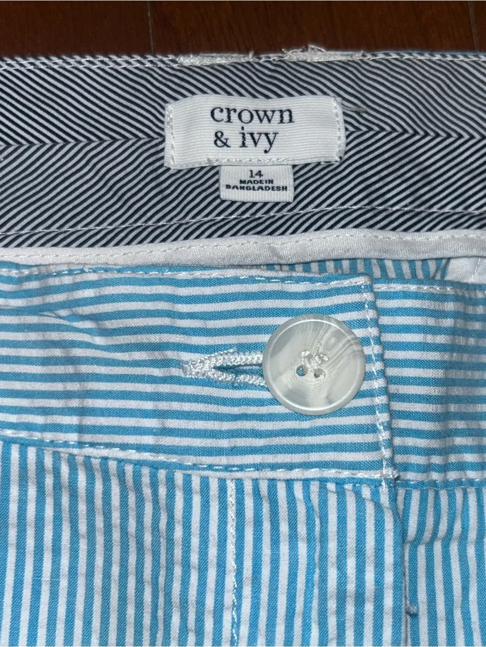 Crown & Ivy Seersucker Boating Pants Cropped Cotton Chino Sz 14 Coastal Nautical